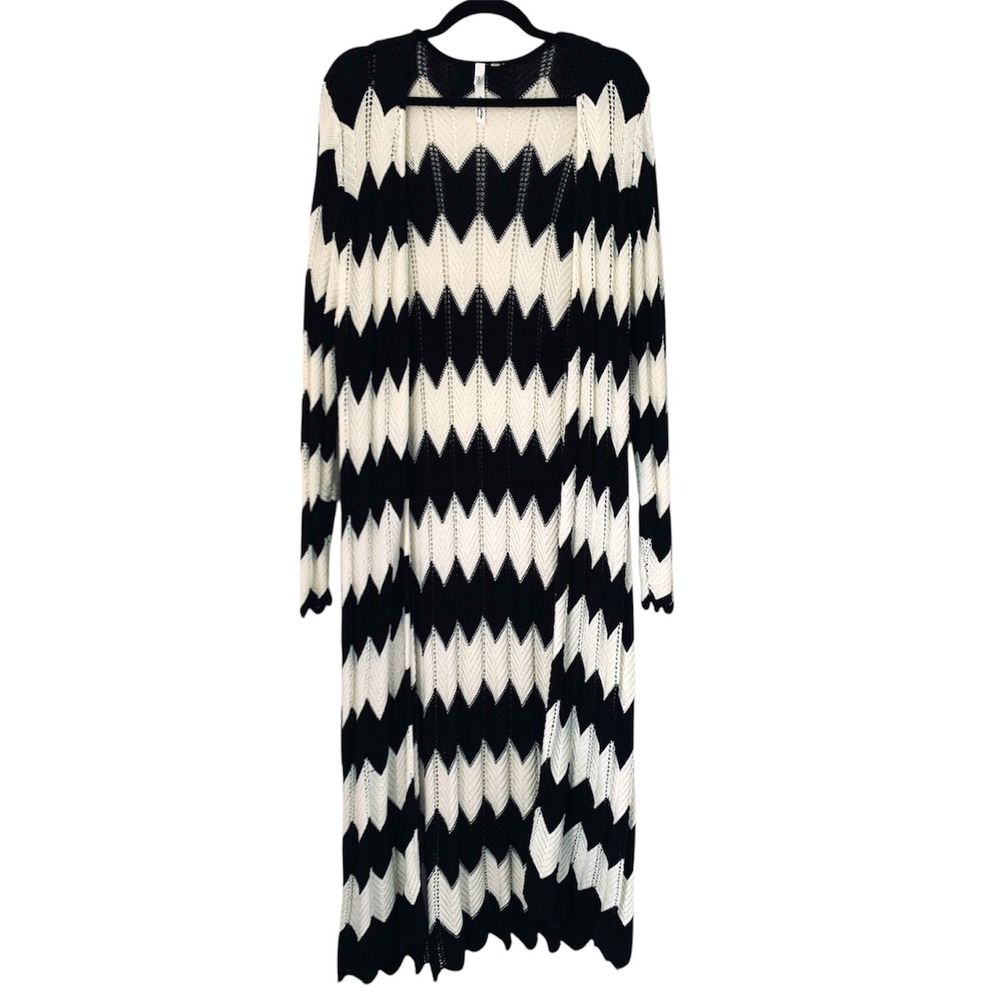 NY Collection Duster Cardigan Women L/XL Black White Chevron Longline Maxi‎ Boho